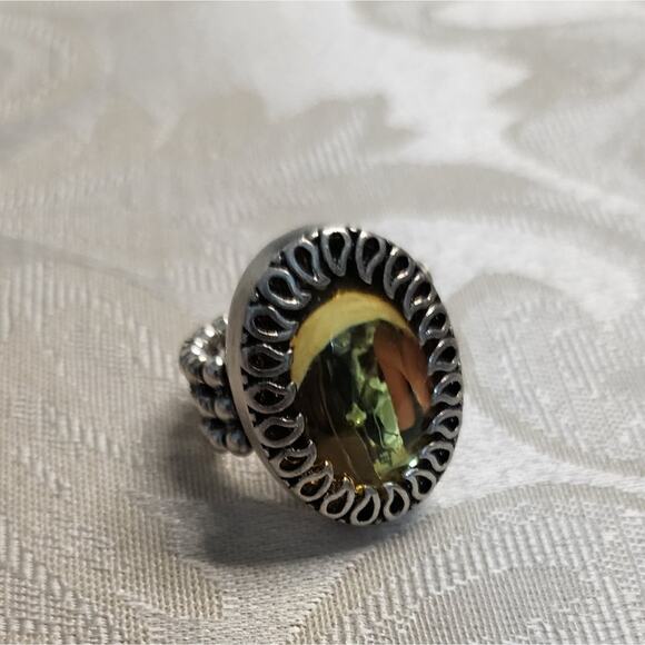 VINTAGE 80’S RUNWAY SILVER TONE RING YELLOW GLASS STATEMENT SIZABLE - Picture 3 of 6